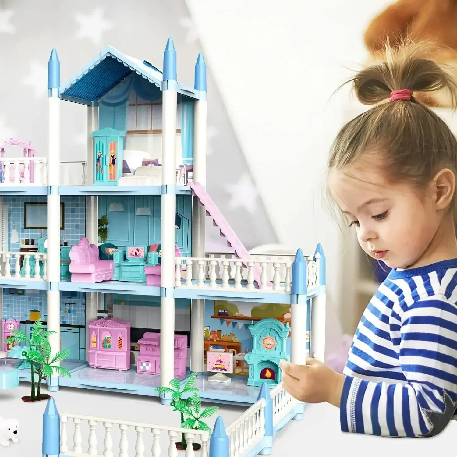 Doll House for Girls with Lights Floors Rooms Doll House Playset Sets of Furniture Accessories Toddler Toy House Princess Gift