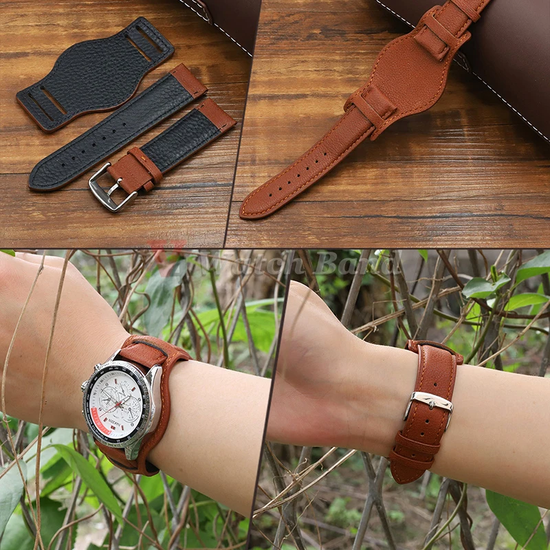 Black Brown Strap 22mm 20mm 18mm with Mat Bund Base Tray Watch Straps Men&Women Bracelet Retro Coffee Watch Band Wristband