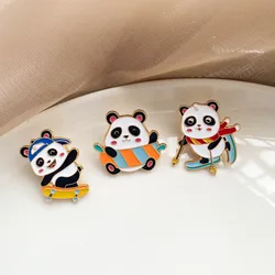Funny Cartoon Sport Style Panda Enamel Brooches Cute Animal Skiing Skateboarding Lapel Badge Pins Jewelry Gifts For Women Girls