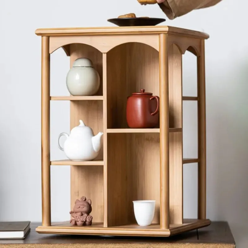 Rotating Solid Wood Tea Set Display Shelf, Zen Chinese Style Curio Cabinet for Tea Ceremony Storage & Living Room Home Decor