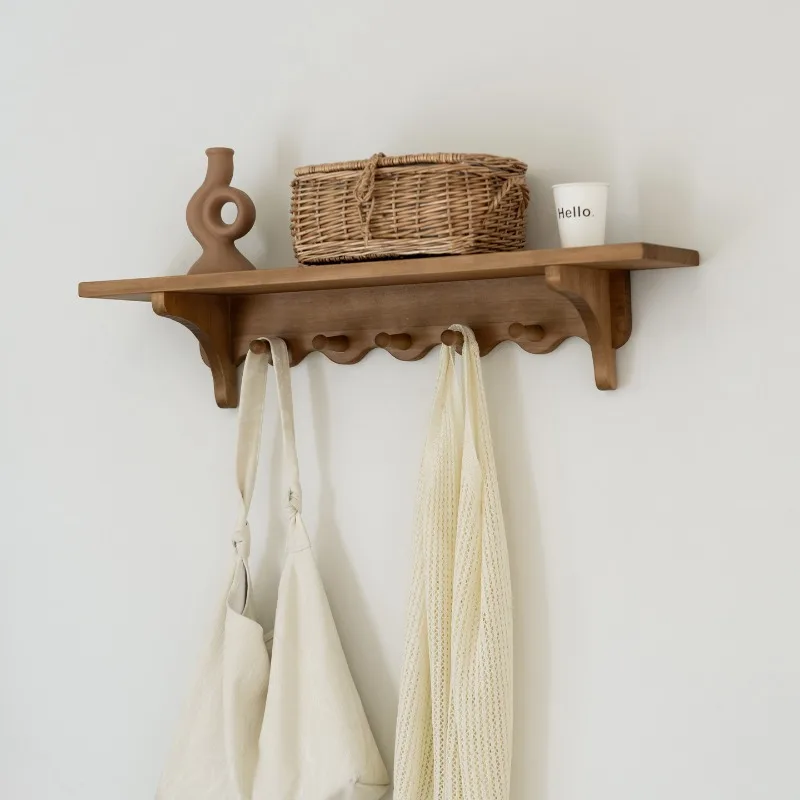Mid-Century Solid Wood Coat Hooks Vintage Entryway Wall Mounted Shelf Rustic Floating Decor Rack