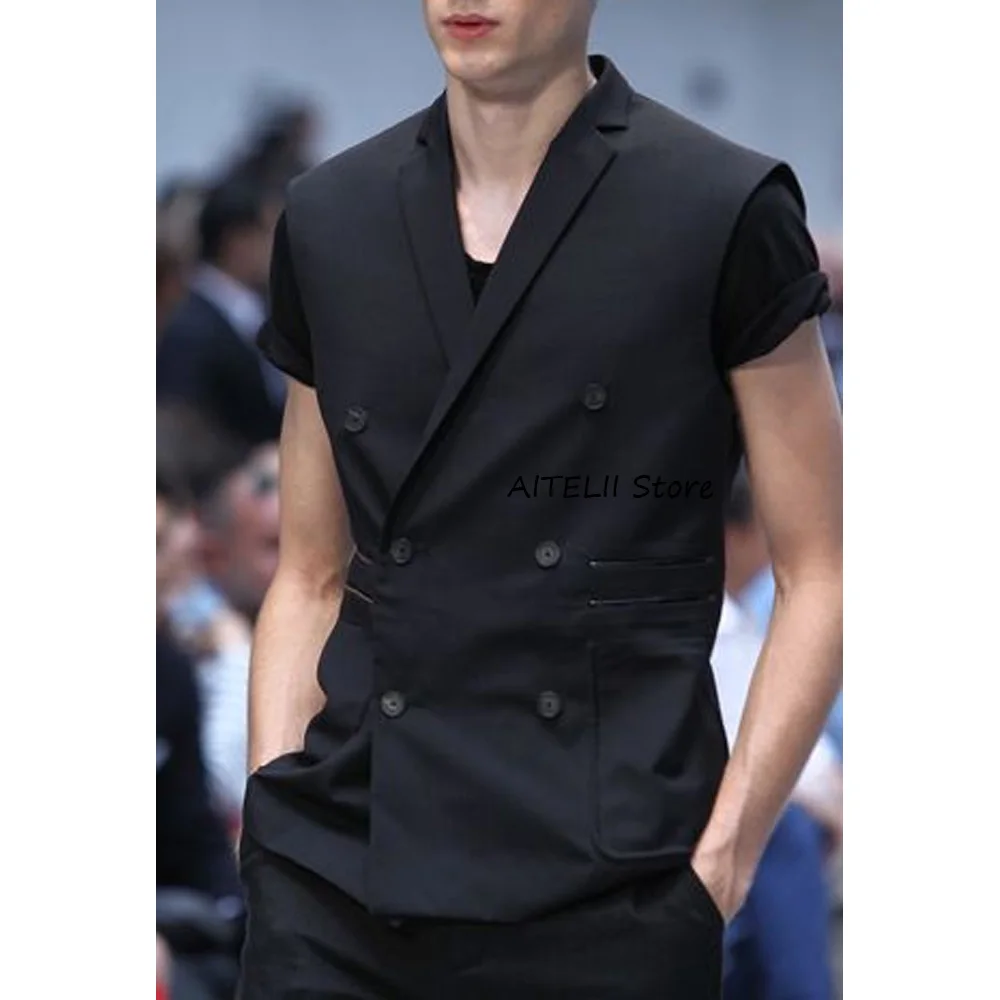 

Sleeveless Vest for Men's Suit Polyester Fiber Slim Fit Solid Color Double-breasted Elegant Man Vest Notch Lapel Business Casual