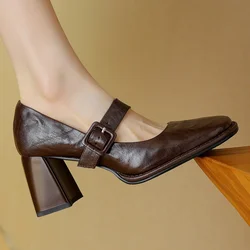 Plus size 34-42 women's sheepskin Mary Jane pumps 7cm thick high heel square toe elegant ladies heeled dress shoes for woman hot