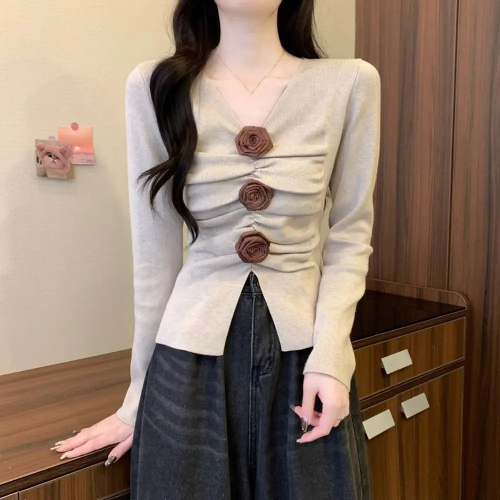 

Плиссированный трикотаж с длинными рукавами, облегающая нижняя рубашка, топ с 3D розами, осень-весна-зима, милый вязаный топ для женщин