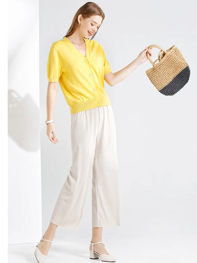 Women Ankle-Length Wide Leg Pants Casual Summer Solid Elastic Waist Loose Ice S… - Image 2