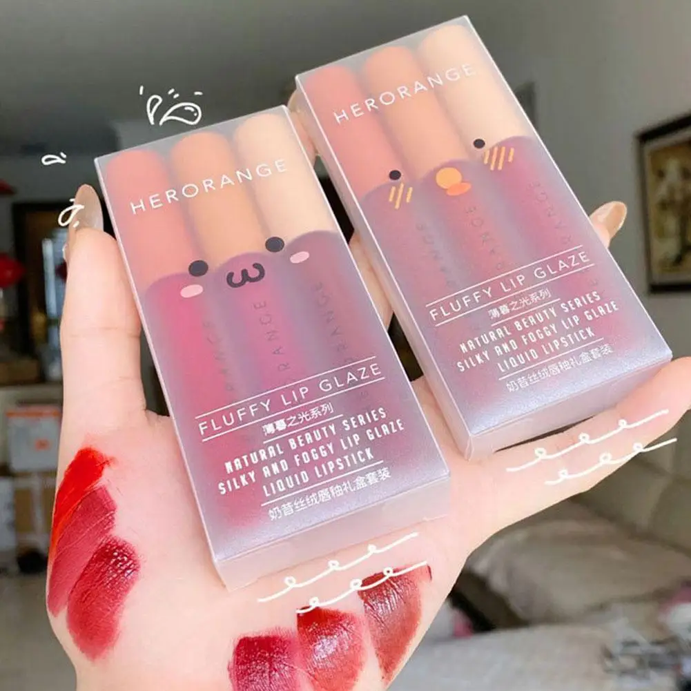 Herorange 3Pcs Matte Velvet Lip Gloss Long-lasting Moisturizing Tint Lipstick with Fruity Juicy Moist and Vivid Coloring