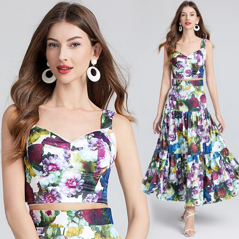 JAMERARY Designer Floral Print Summer Holiday Two Piece Women Dress Sets Cup Padded Sexy Cropped Tops Long Maxi Skirts Suits