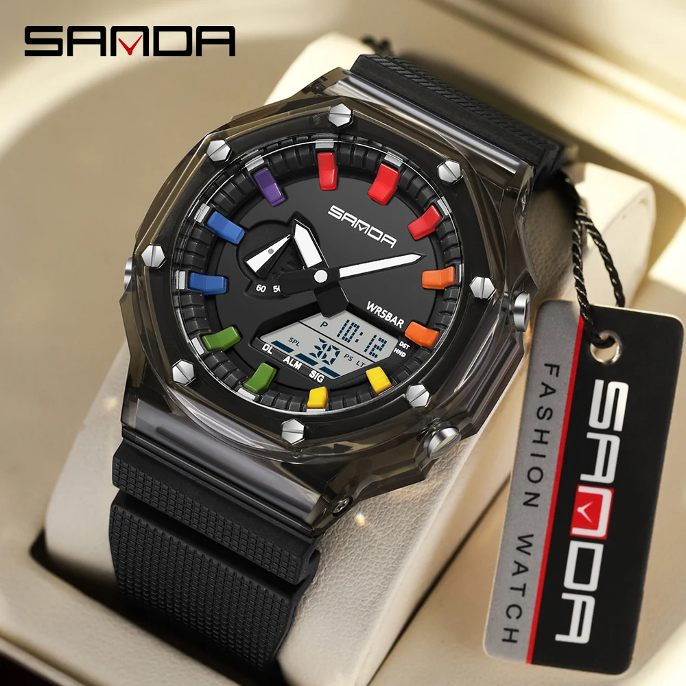 Sanda 3341 New Transparent Electronic Watch Multi Functional Fashion Korean Men's Watch Waterproof Watch Alarm Clock Watch