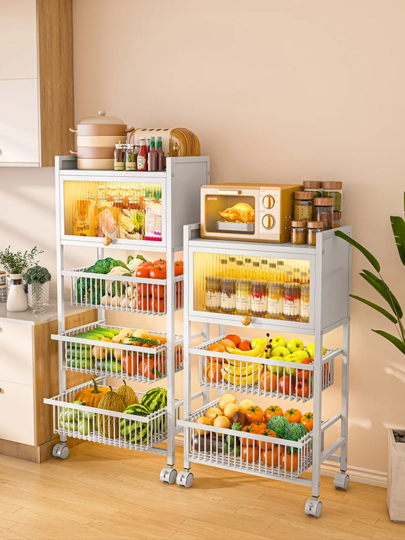 

Kitchen Shelving Floor Household Dustproof Storage Rack with Door Multifunctional Microwave Fruit and Vegetable Moving Cart