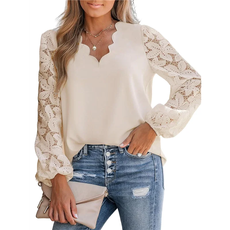 

【D75C】Women Lace Elegant Blouse Long Sleeve Eyelet V Neck Dressy Party Floral Tops Scalloped V Neck