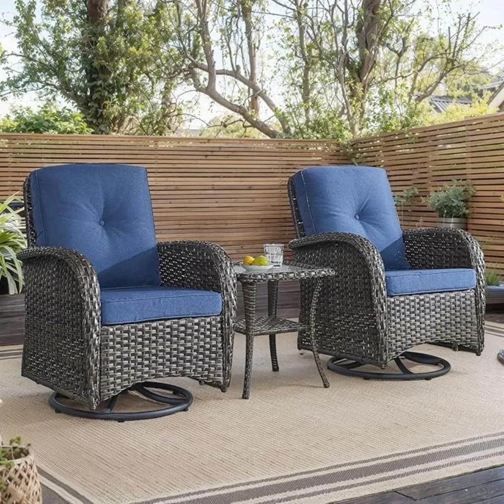 

Outdoor Swivel Chairs 3 Piece Wicker Rocking Charis Set Patio Furniture Set with Rattan Side Table, 5 Inch Thick Cushion,