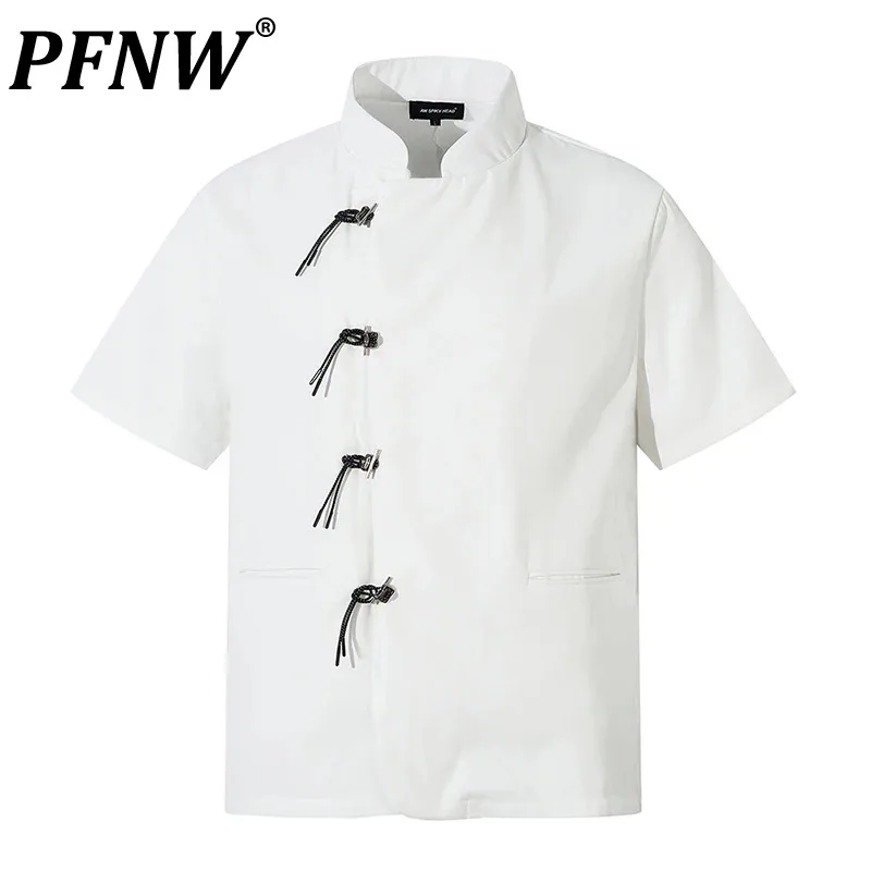 

PFNW Men Shirts Chinese Style Frog Design Half Sleeve Stand Collar Tops Casual Handsome Male Streetwear 2024 Summer 28W3740