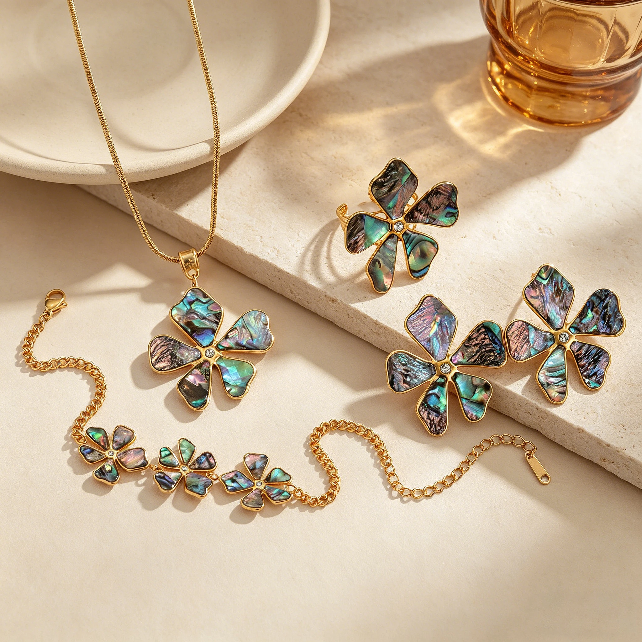 New Fashion Abalone Shell Flower Jewelry Set For Women Stainless Steel Bracelest Ring Earrings Necklaces Exquisite Birthday Gift