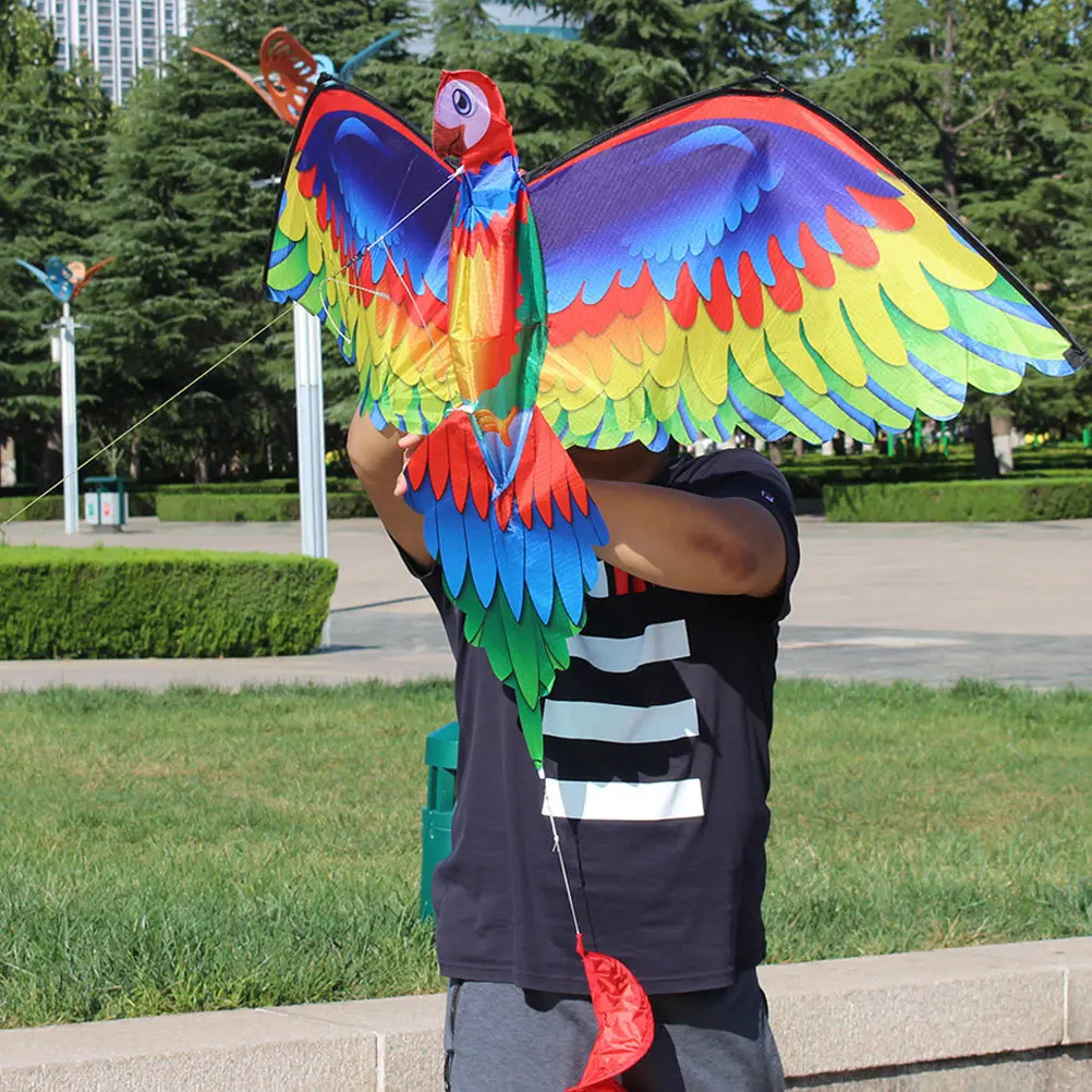 1 Juego de 1 Juego de diseño de dibujos animados grande y brillante, juego al aire libre fácil de volar para niños, cometa de loro 3D de cola larga y divertida con cometa de cola larga