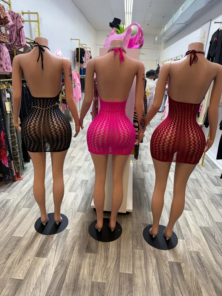 Damen Neckholder-Netzkleid, Wellenförmig Ausgeschnitten, Ärmellos, Figurbetont, Kurzes Kleid, Durchsichtiges Netzgewebe, Nachtclub-Partykleidung – Detail 4