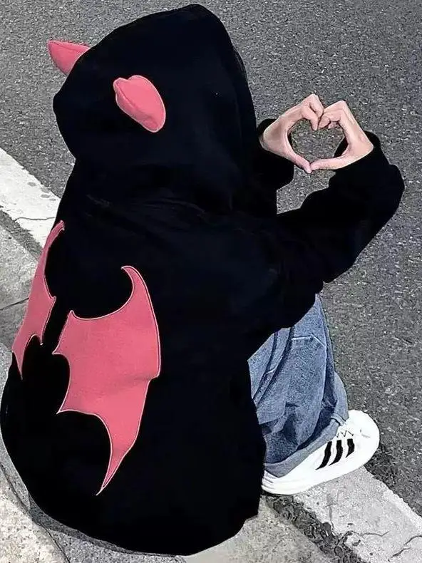 

plus Size Hoodie American Style Devil Horn Fleece Women's Autumn Winter Street Fashion Brand Open Cardigan Coat for Young Women
