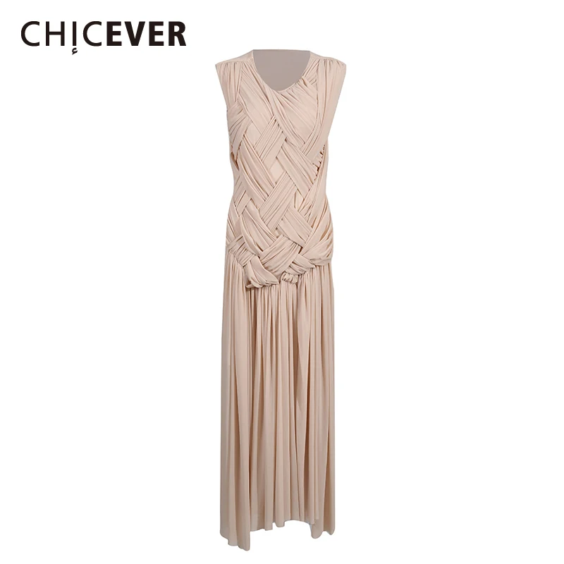 

CHICEVER Solid Spliced Folds Chic Dress Female O Neck Sleeveless Slimming Vacation Travel Women's Dresses Summer Fashion Style