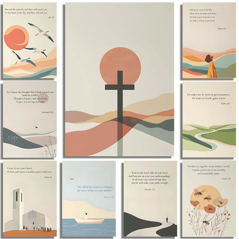 Modern Christian Artwork Baptism Gift Bible Verse Cross Canvas Wall Art Catholic Religious Posters Home Living Room Decor Set
