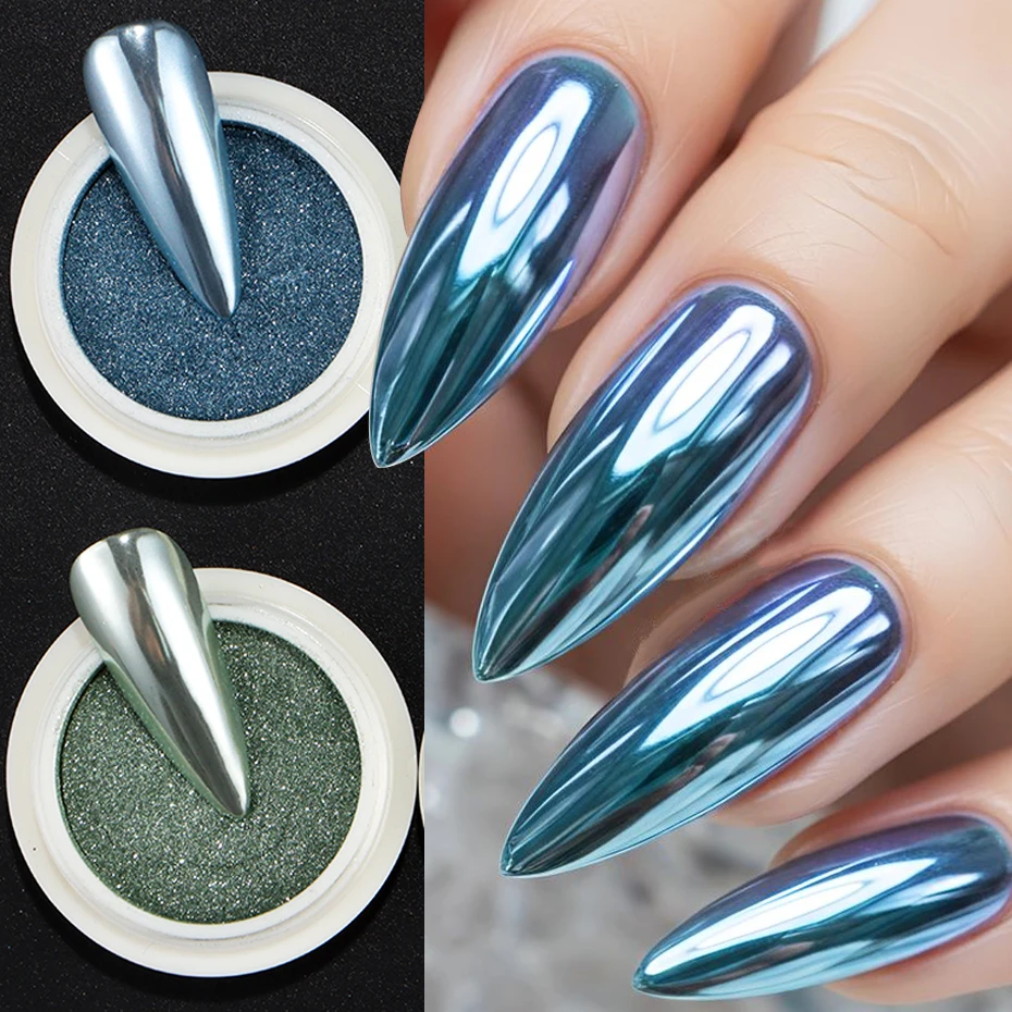 ผงสีเล็บโครเมียม 6 ชิ้น สีทอง น้ำเงิน เขียว คุณภาพสูง เงางาม ผงสีเล็บเมทัลลิก สำหรับตกแต่งเล็บ