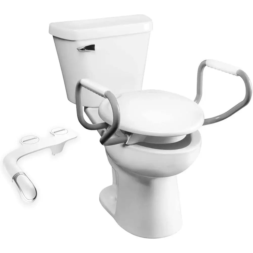 

Elevated Toilet Seat with Armrests, Bidet Feature, Sturdy Hinges, Hygienic Shield, Round, White