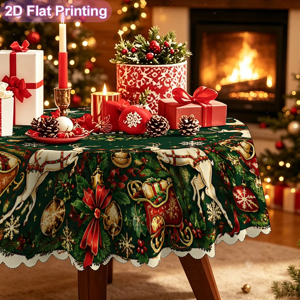 2D flat 1-piece, elegant Christmas reindeer sleigh wreath pattern round tablecloth