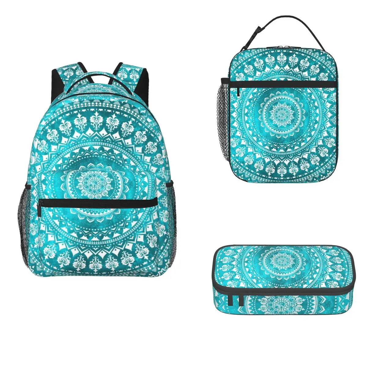 Mandala Turquoise Backpacks Boys Girls Bookbag Children School Bags Cartoon Kids Rucksack Lunch Bag Pen Bag Three-Piece Set