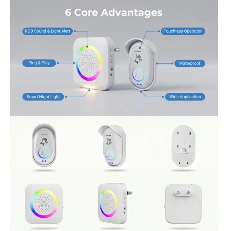 B97A-Wireless Doorbell With Voice Alert, Rainproof Cover& RGB Light For Home& Office Use EU Plug
