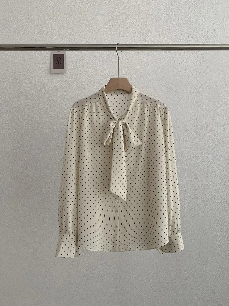 Korean style Dot Blouses Spring Summer Women Shirt  Lace Up Bow Long Sleeve Chiffon Pullover Top Loose Casual Shirt