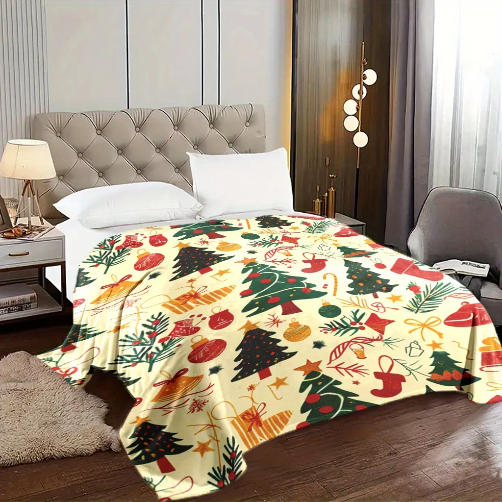 

Уютное рождественское одеяло с праздничными елками и чулками, мягкий, теплый фланелевой плед для сна, кемпинга, путешествий