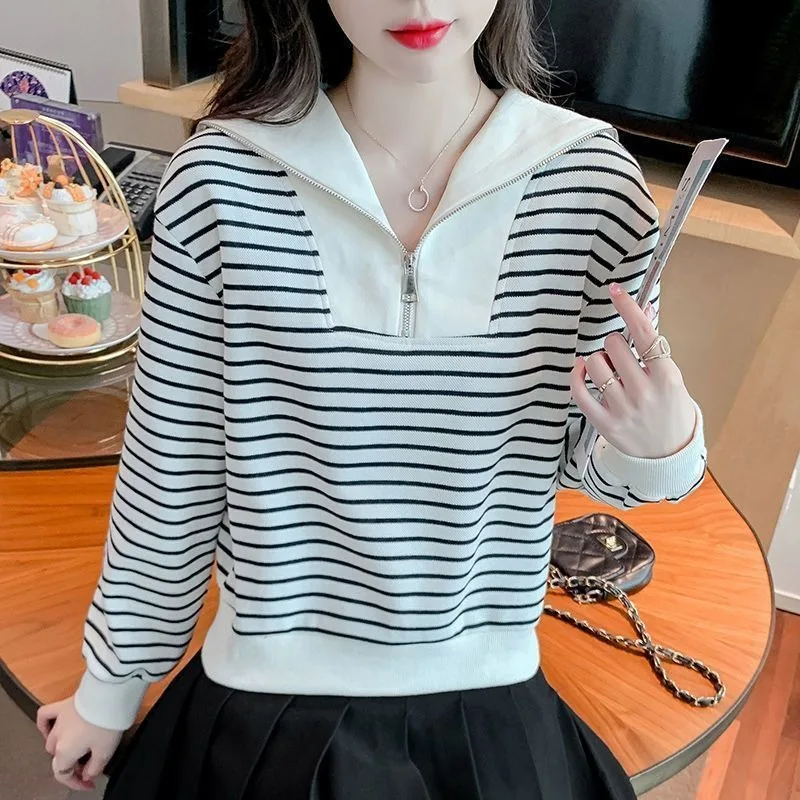 Striped Sweatshirts Women Sailor Collar New Chic Autumn Korean Trendy Loose Long Sleeve Contrasting Colors Pullover Cropped Tops