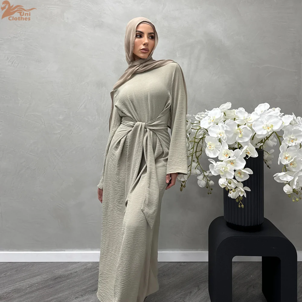 Uni Fashion Dubai Abaya Muslim Woman Kaftan With Belt Square Collar Moroccan Saudi Long Dress Elegant Robe Clothing 2024