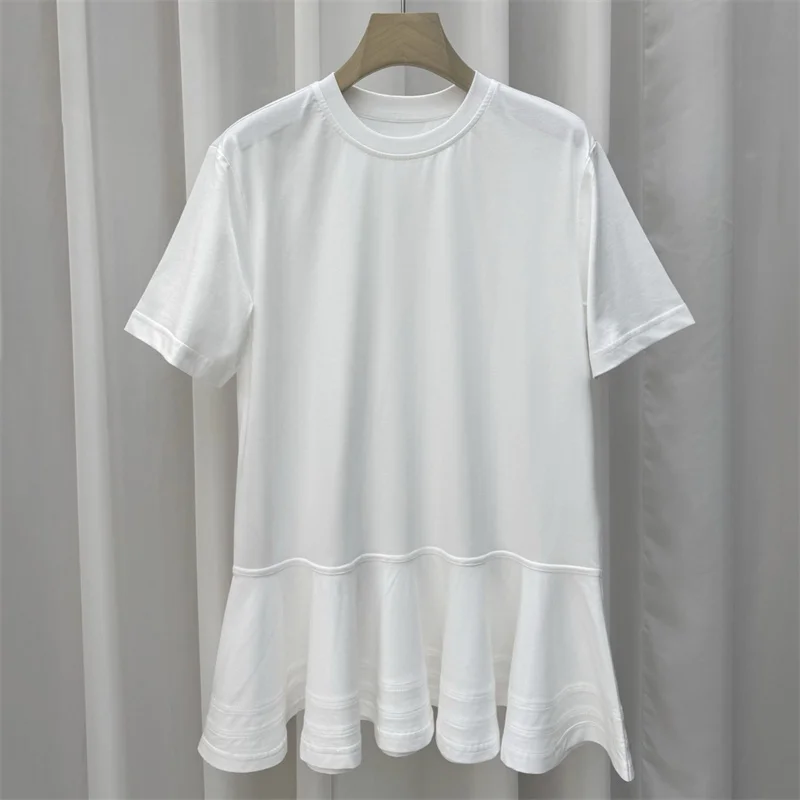 

Women's t-shirt New elastic knitted round neck short sleeved top for summer 2026 ruffled slim fit pure cotton pullover y2k tops