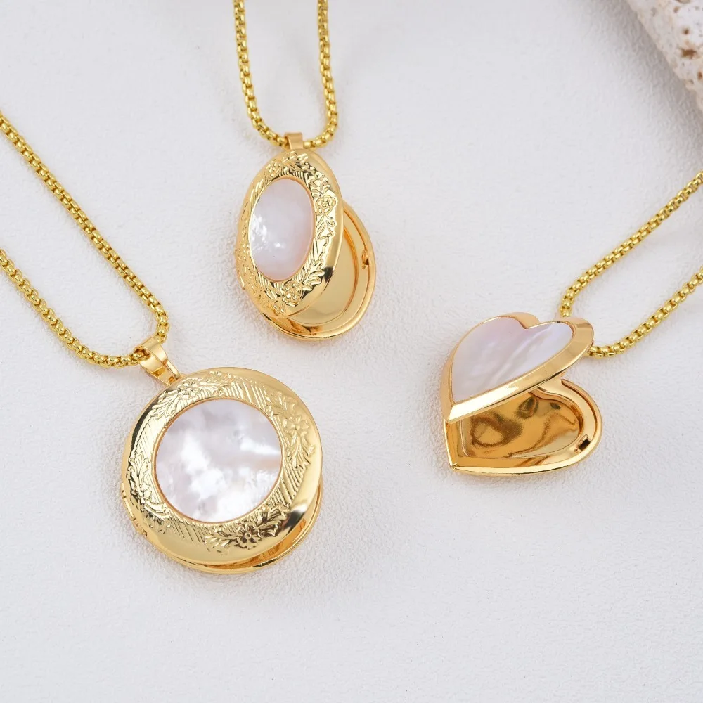 

1 Pcs Brass Plated Shell Photo Box Pendant DIY Necklace Jewelry Making Round Oval Heart Vintage Carved Openable Charm Accessorie