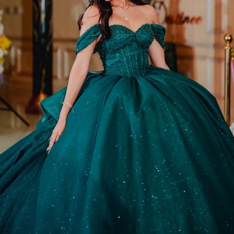 

Dark Green Shiny Ball Gown Quinceanera Dresses Beading Crystal Bow Tull Corset Off Shoulder Sweet 16 Dress Vestidos 15 Anos