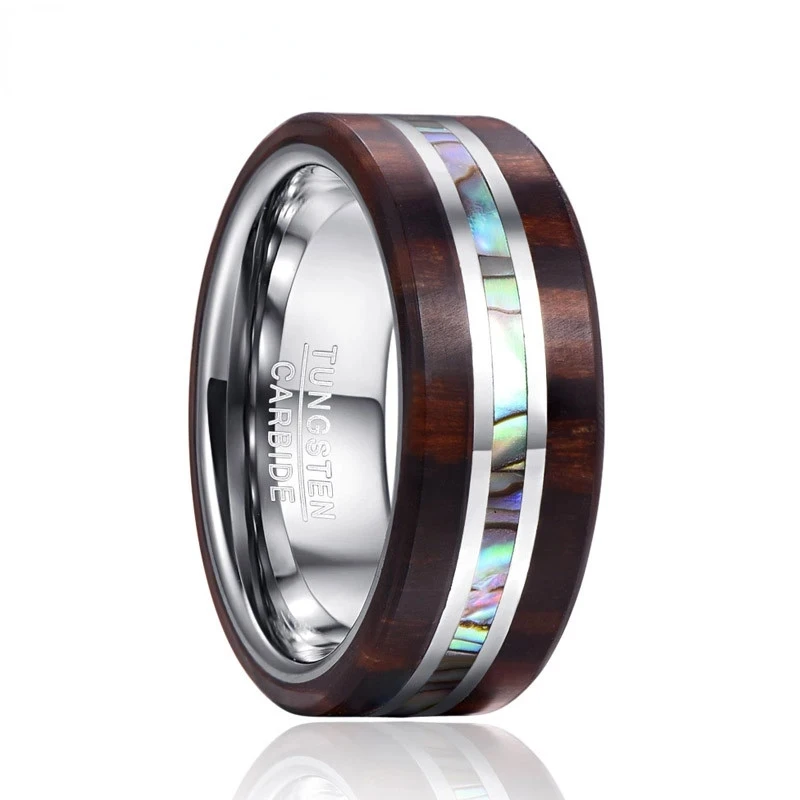 BONLAVIE Men\'s Engrave Name Rings 8MM Ebony Wood Grain Natural Abalone Shell Tungsten Steel Ring Wedding Band Boyfriend\'s Gift