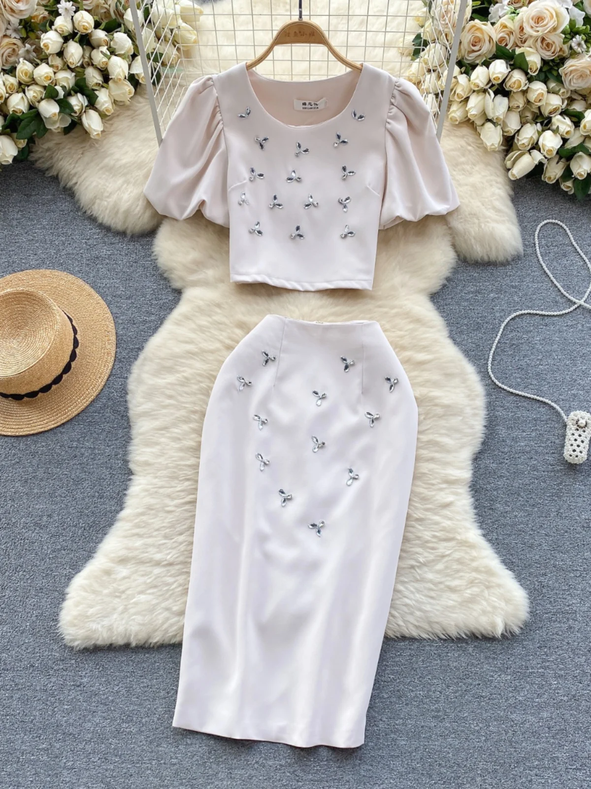 Gagaok Korean 2 Piece Set Women Suit Elegant Fashion Diamond Encrusted Bubble Sleeve Top Versatile High Waist Bodycon Skirt Sets