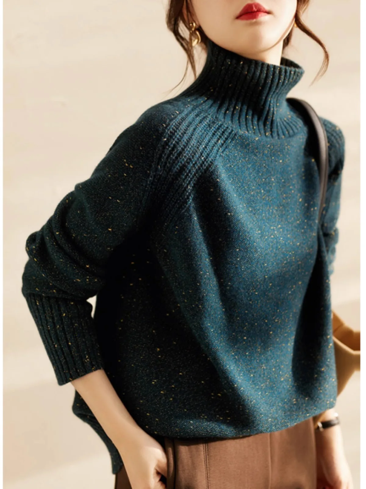 

Western style! Gold pea yarn turtleneck pure cashmere knitwear women's lazy loose thick wool base sweater