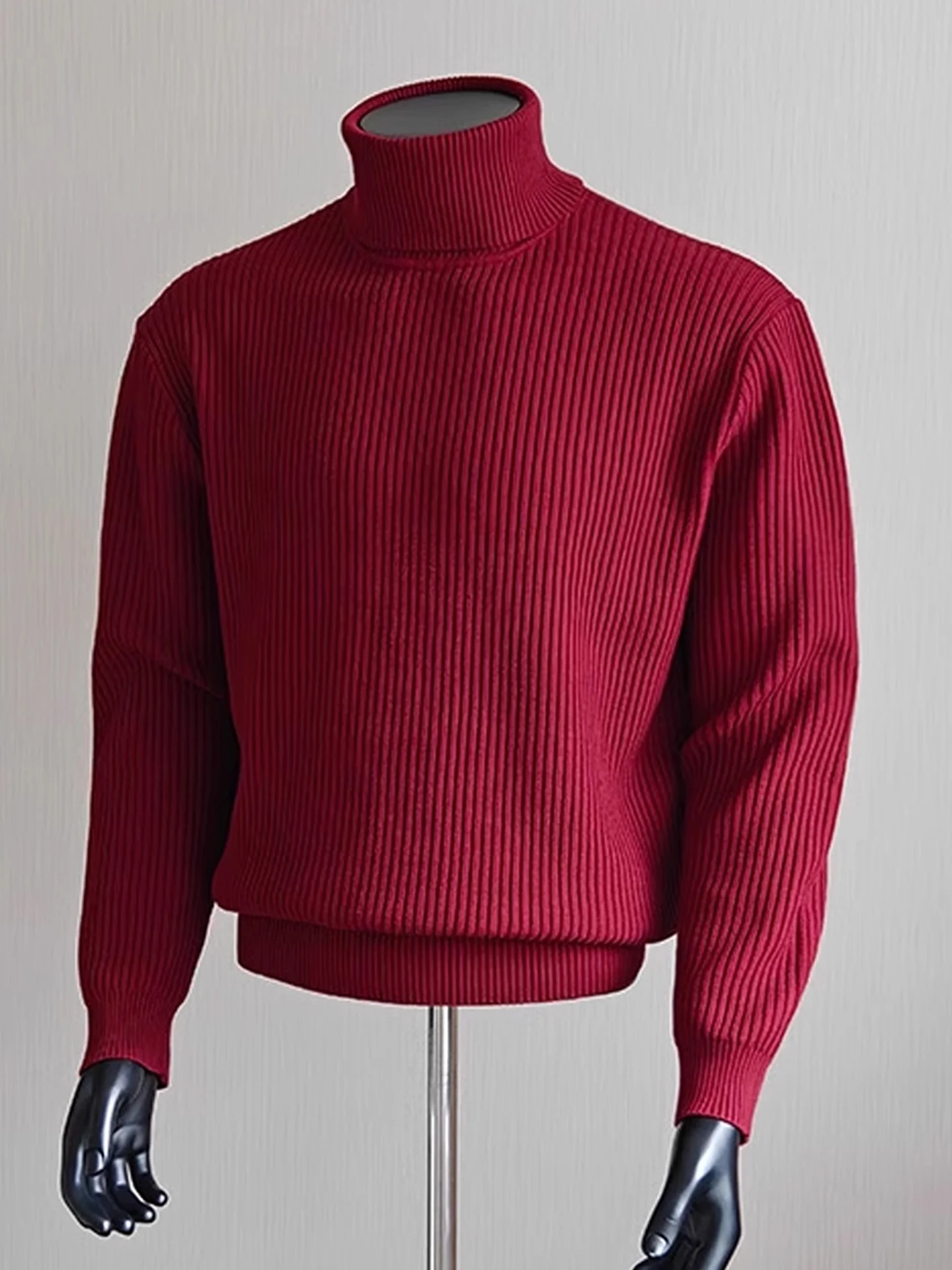 

Красный мужской свитер с высоким воротником в полоску, теплый зимний, в американском стиле, вязаный, винтажный, повседневный, свободного кроя, трикотаж