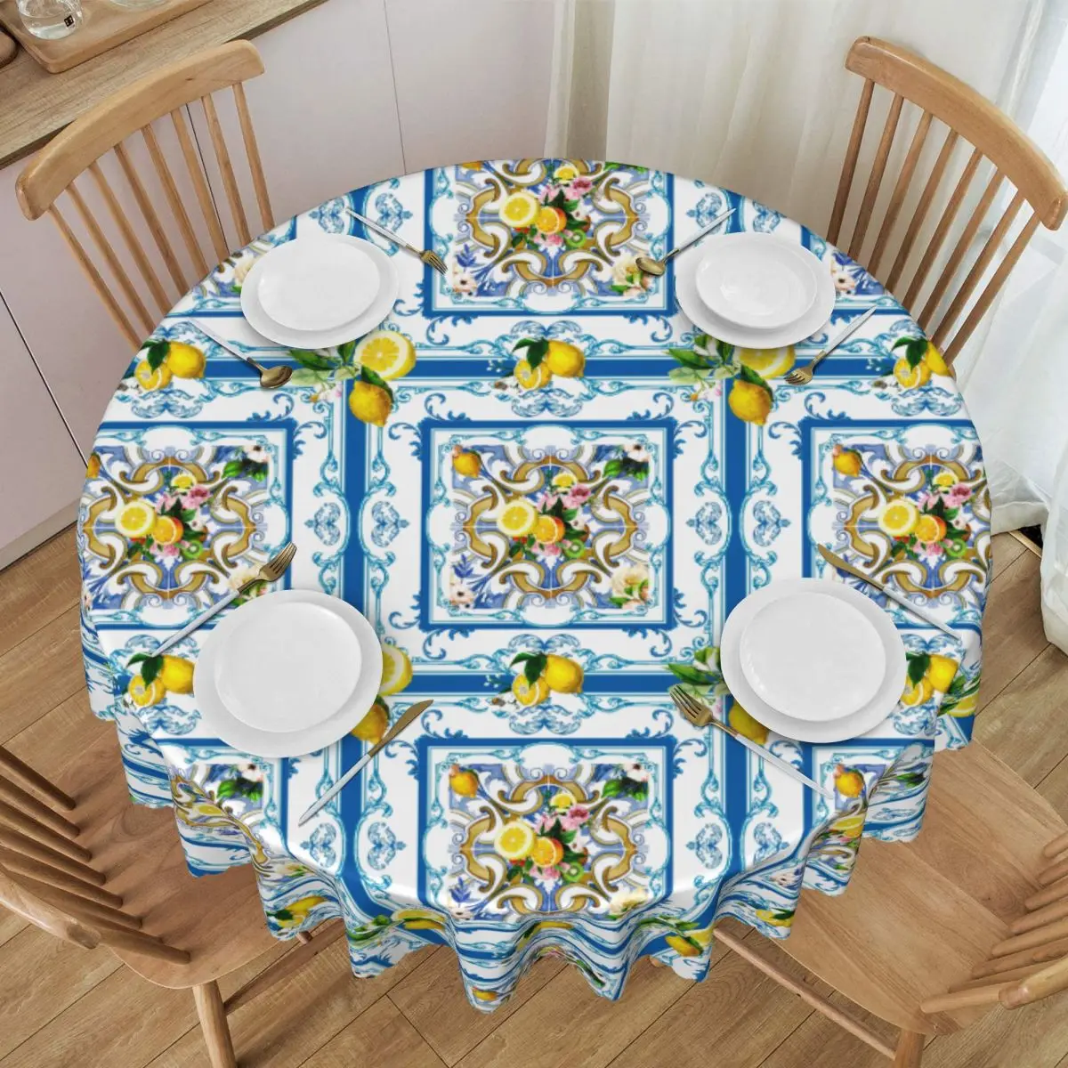 Customized Mediterranean Summer Fruit Lemons Tiles Tablecloth Round Waterproof Table Cover Cloth for Kitchen 60 inches