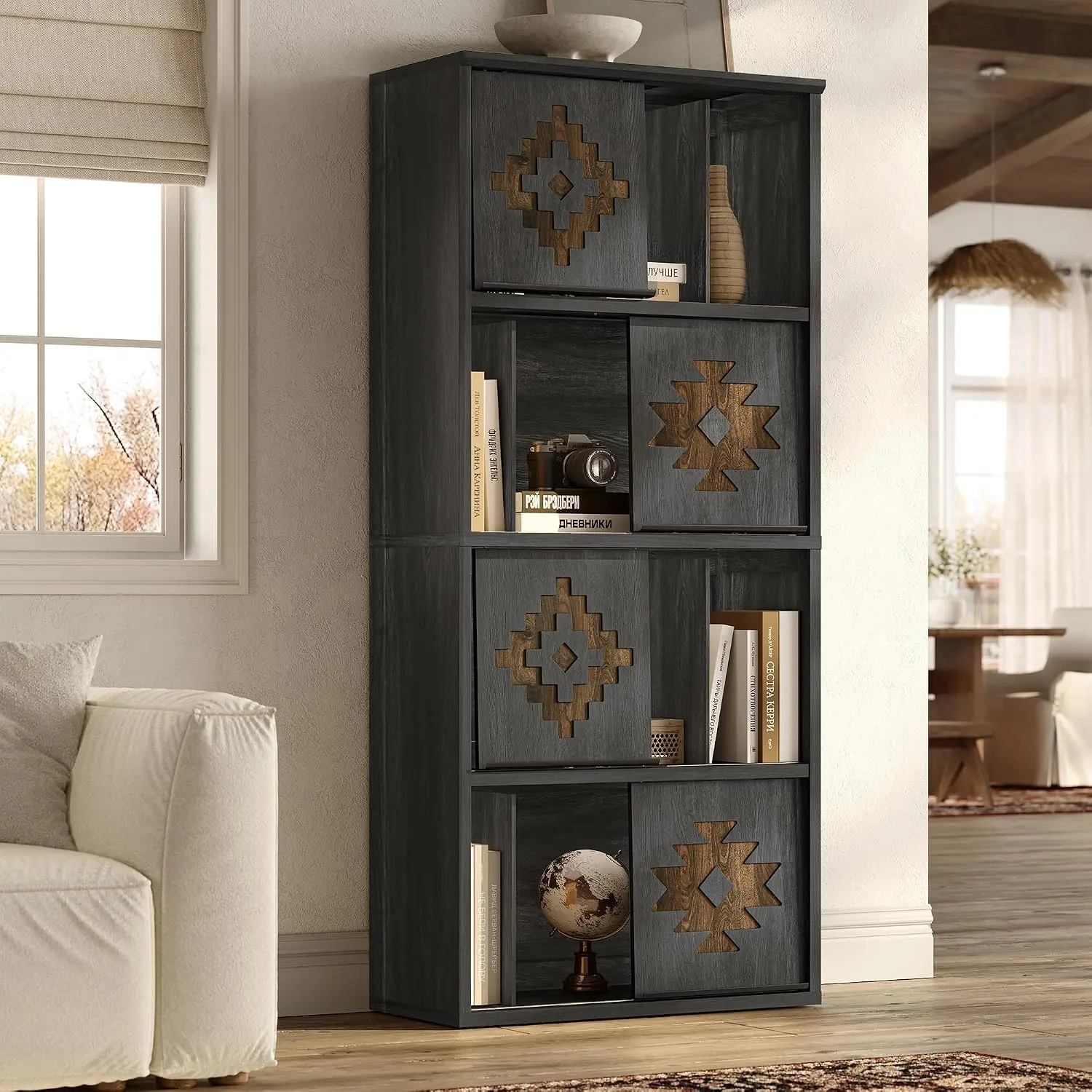 4-Tier Wooden Bookcase with Movable Bookends & Gliding Doors, Open Storage Cabinet for Living Room Office Bedroom, Customized