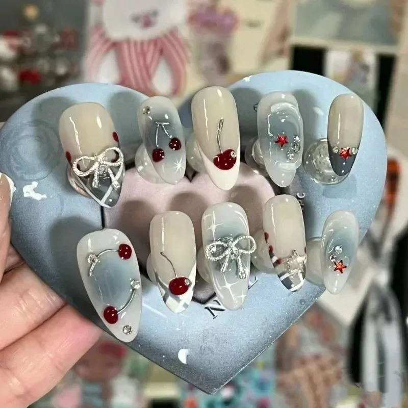 

French female gloves and nails, handmade, full cover, cherry and arch design, soft and lovely Dressed in armor, hot girls are sw