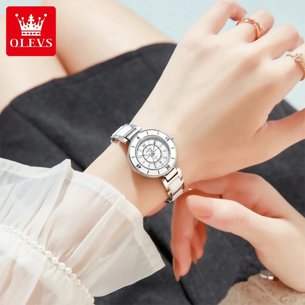 OLEVS 7083 Woman Watch Fashion Number Scale Quartz Watch For Women Luminous 30M Waterproof Ladies Wristwatch Ceramic Steel Strap