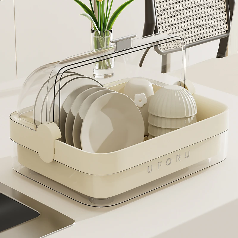 UFORU Household multi-functional drain bowl rack Kitchen bowl storage  rack with cover dustproof plastic large capacity rack