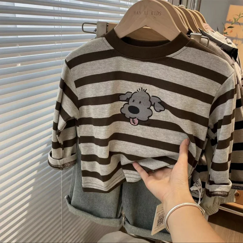 Long-sleeve Baby Kids Striped Versatile T-shirt for Children's Clothing Boys and Girls Cartoon Dog Printed Bottoming Shirt Tops
