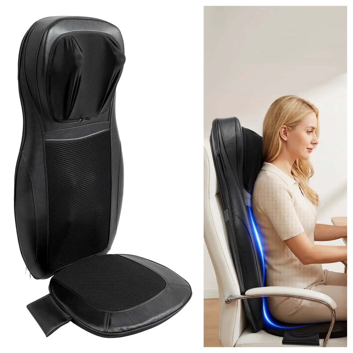 Cojín de masaje de cuerpo completo de cuero PU, 48W, 3 modos de masaje con vibración, almohadilla de masaje de intensidad ajustable para aliviar el cuello, hombros, espalda lumbar y cadera, adecuado para silla de oficina, sofá, hogar y uso en el automóvil