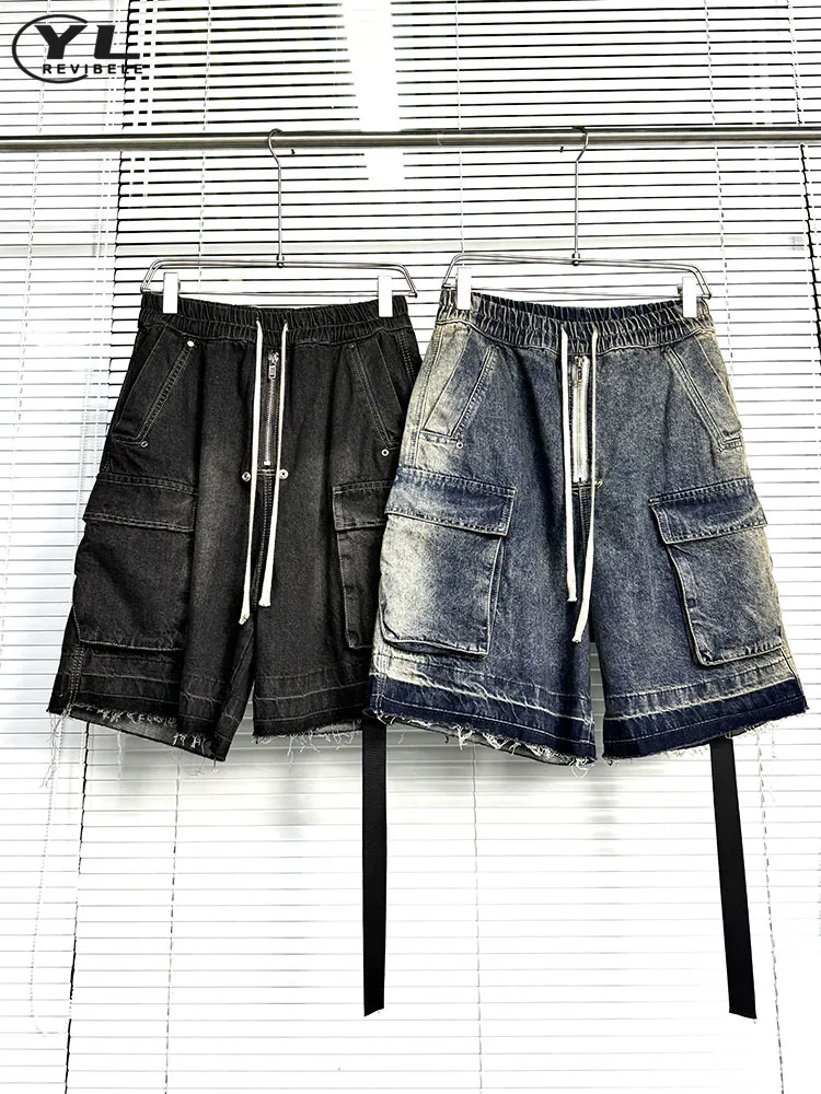 High Street Multi Pocket Denim Shorts Men Hip Hop Heavy Industry Washed Gradient Cargo Jean Pants Loose Casual Straight Trousers