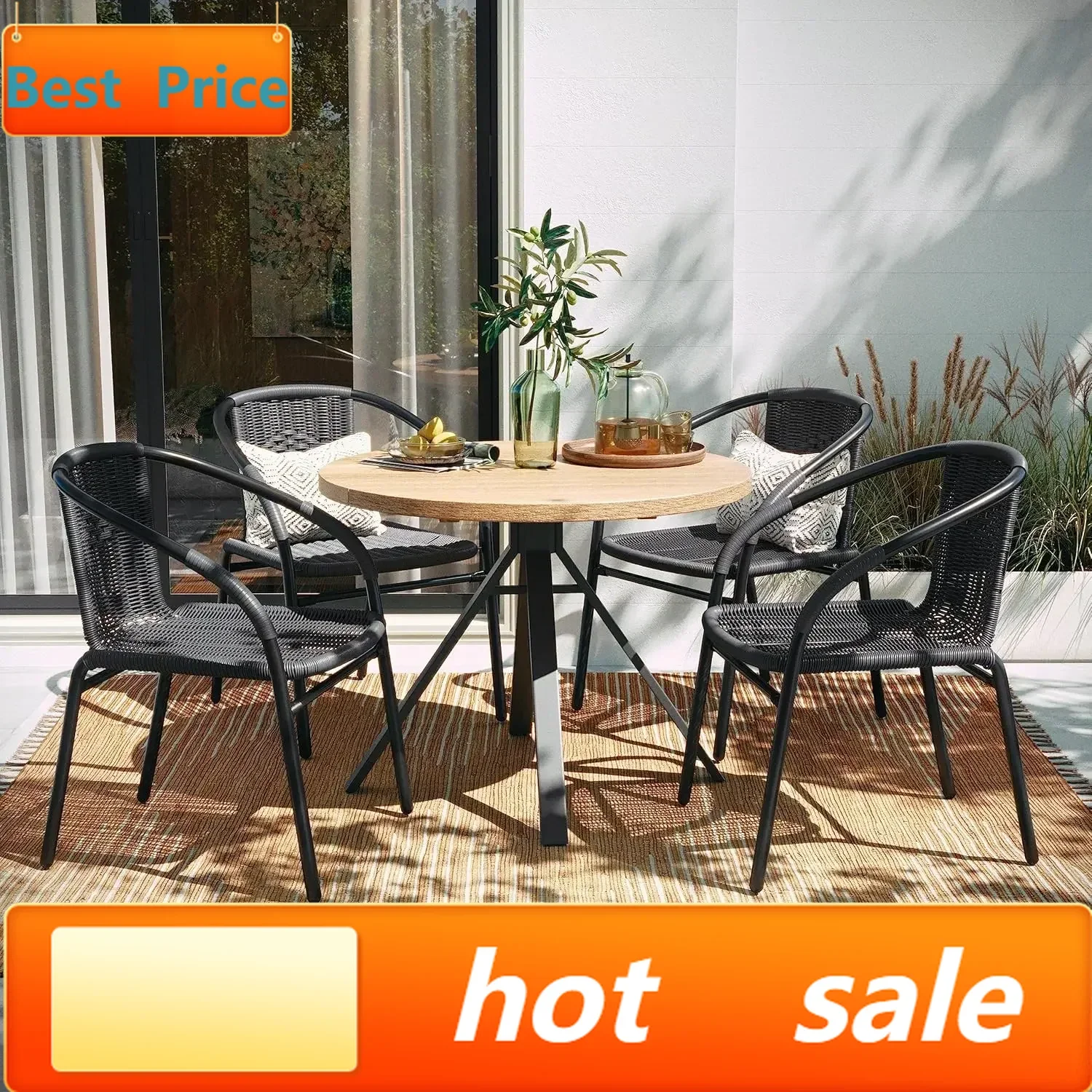 

Хит продаж: набор из 4 серых стульев из ротанга для использования в помещении и на улице, с изогнутой спинкой, для ресторанов