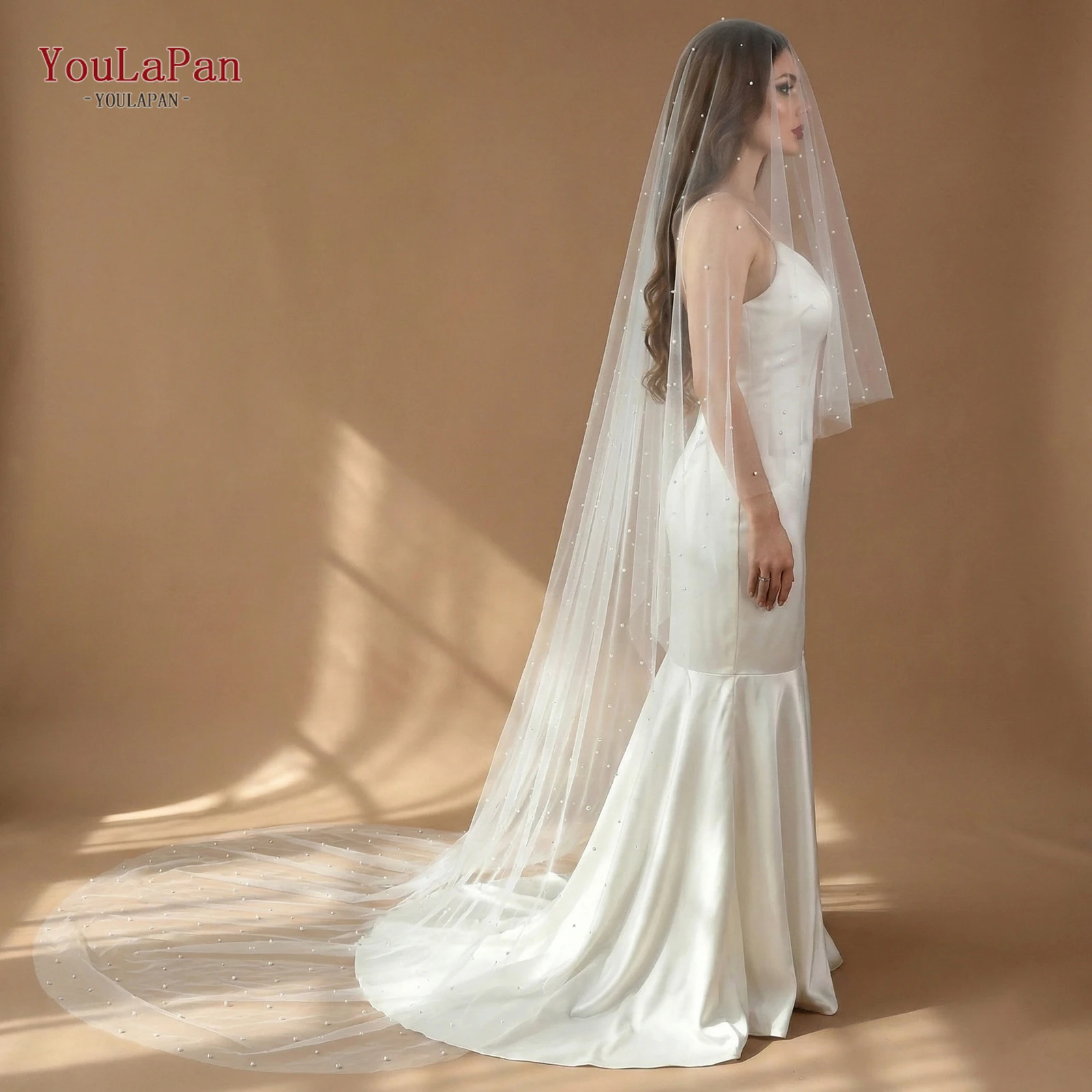 TOPQUEEN V114 Pearl Wedding Veil With Blusher 100% Handmade Beaded Cathedral Bridal Veil Wedding Accessories Customizable