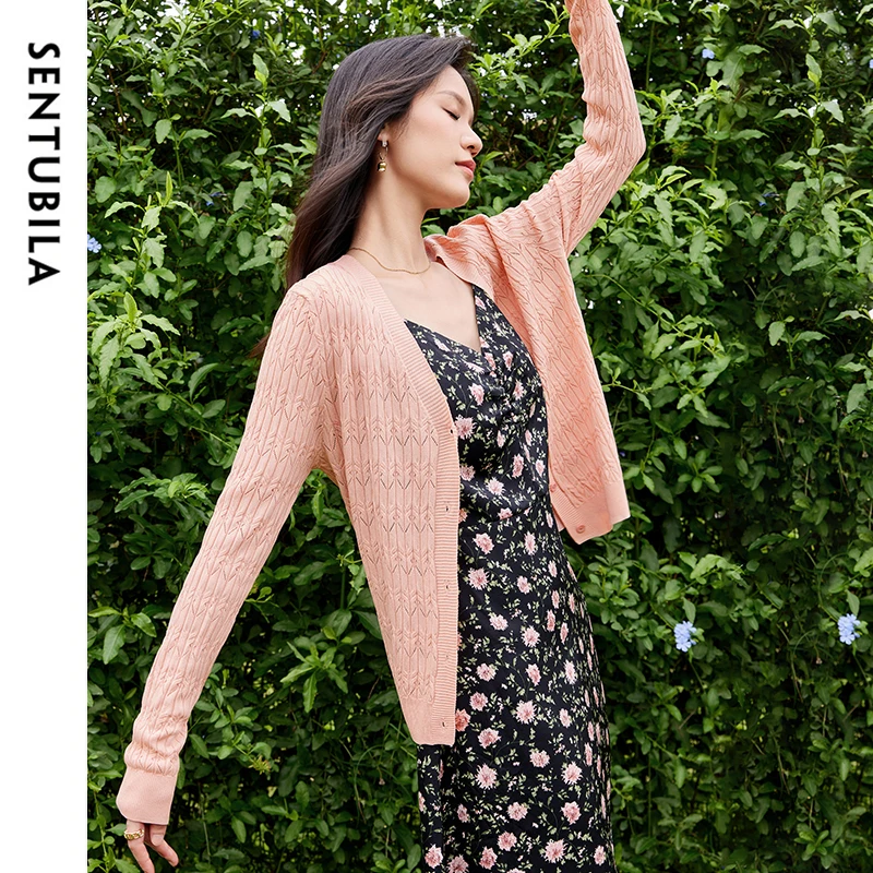 SENTUBILA Cardigan in maglia a maniche lunghe con scollo a V 2024 Primavera Solido elegante maglione lavorato a maglia Cappotto Comfort Morbido