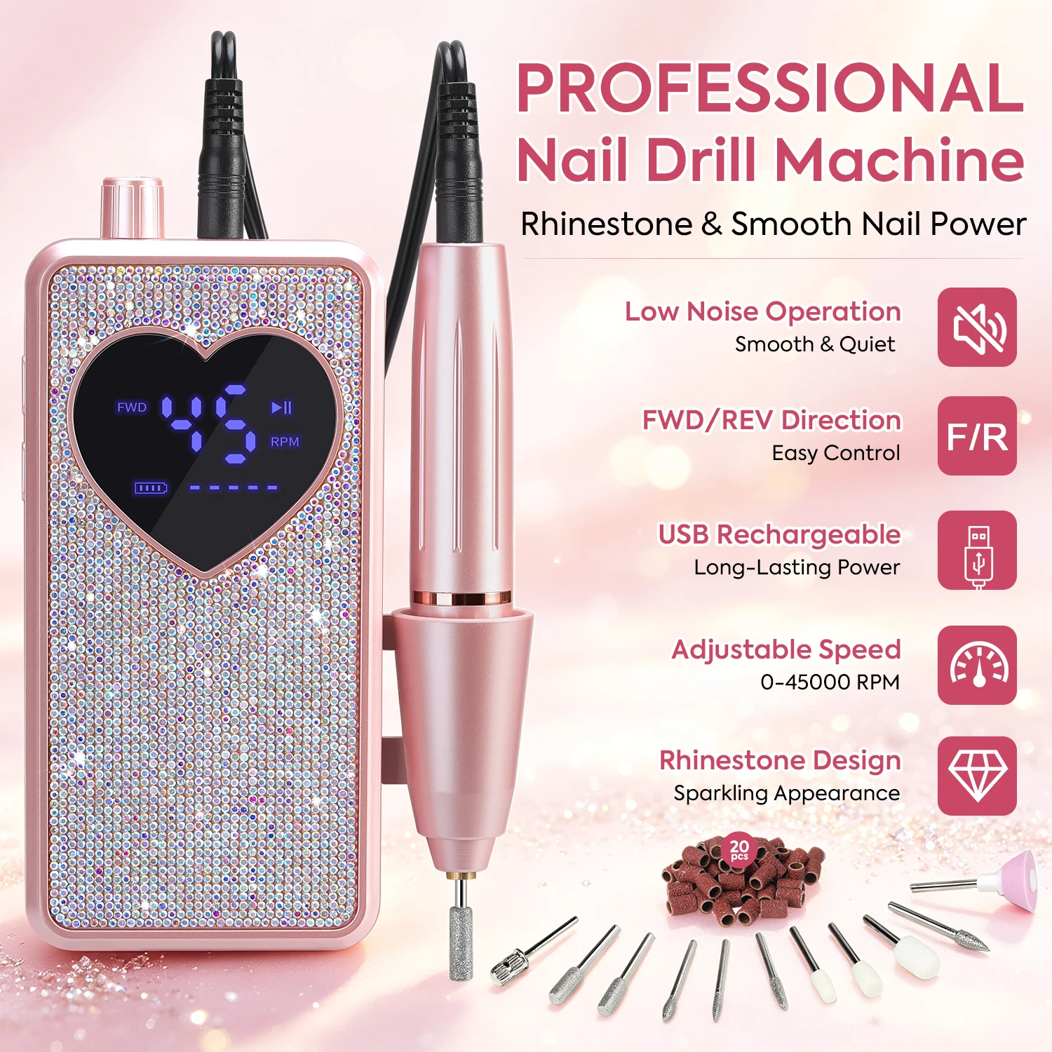DianaBeauty Taladro Eléctrico Recargable para Uñas 45000 RPM, Lima de Uñas Portátil con Pantalla LCD para Uñas de Gel Acrílico, Salón y Hogar